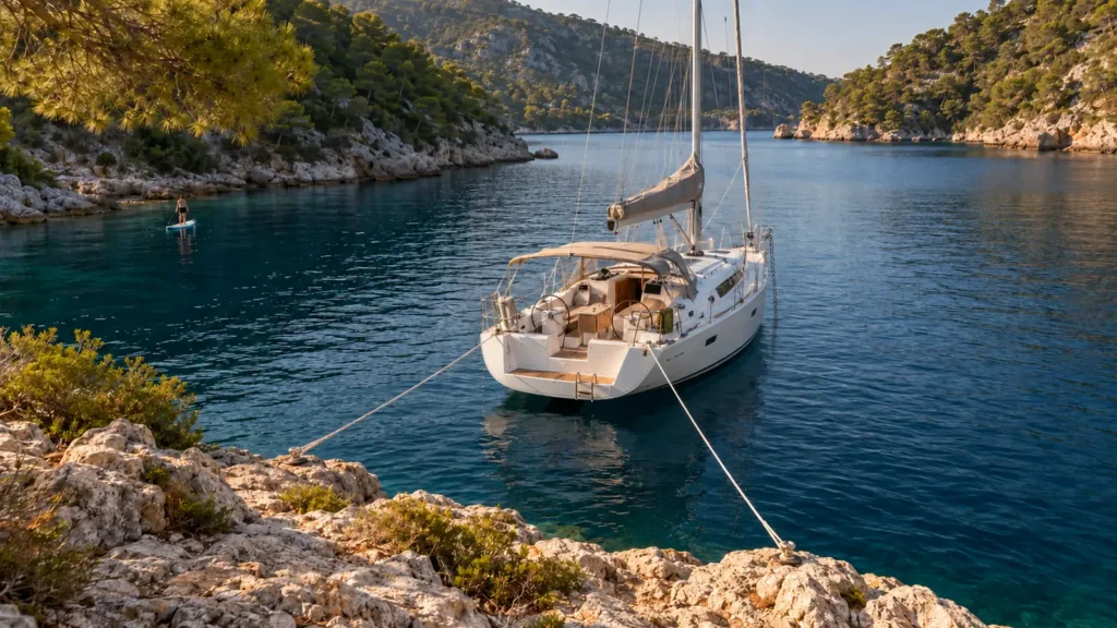 Sailing yacht tied stern to rocks in a deep, sheltered Greek bay, with two shore lines running to the rocks