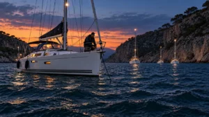 Skipper on the foredeck checking a taut anchor chain at dusk as the wind rises in a rocky cove